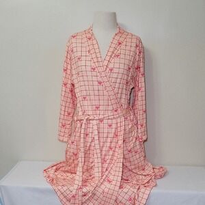 COZYS Kimono Robe Lightweight Pink w/ Hearts Belt Tie Lounge Coverup Valentines